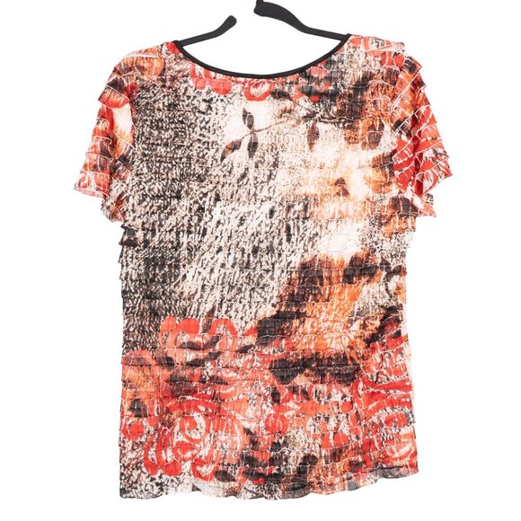 Cato Ruffle Shirt L Womens Abstract Print Short Sleeve Orange Black White Polyes - Picture 5 of 5